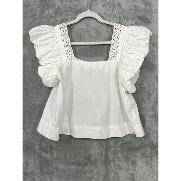 By Anthropologie Small White Cotton Lace Top Puff Flutter Sleeve Square Neck - Picture 4 of 6